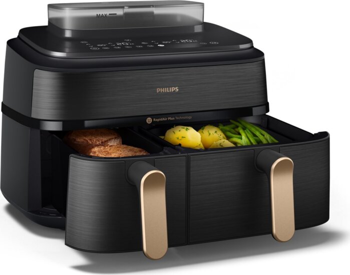 Philips 5000 series NA552/00 Dupla kosaras AirFryer Forrólevegős sütő 9L 2750 Watt - Fekete / Arany