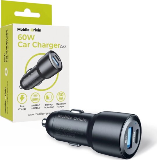 Mobile Origin FRL-CCH60W-01 USB-C + USB-A Autós gyorstöltő 60W - Fekete