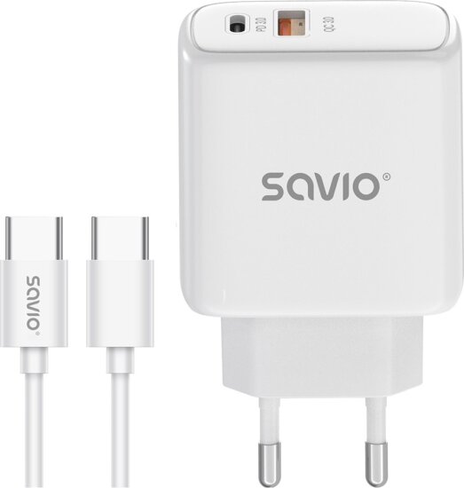 Savio LA-13 USB-A / USB-C Hálózati töltő 20W + USB-C kábel 1m - Fehér