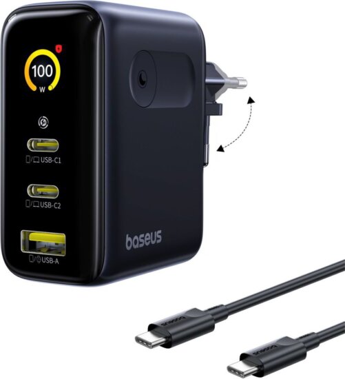 Baseus PicoGo AE21 USB-A / 2x USB-C Hálózati Gyorstöltő Adapter 100W + USB-C Kábel 1.5m - Fekete