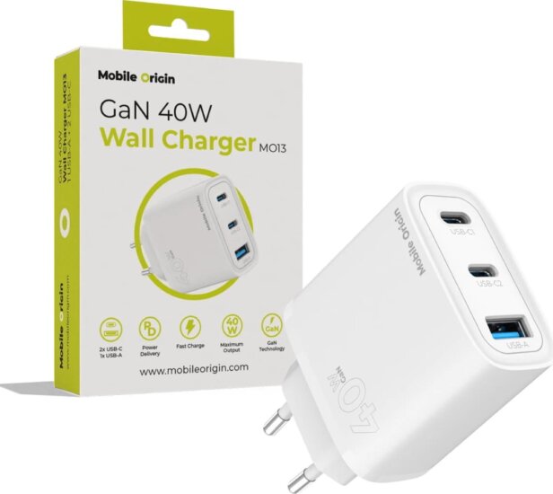 Mobile Origin USB-A / 2x USB-C Hálózati Gyorstöltő Adapter 40W - Fekete