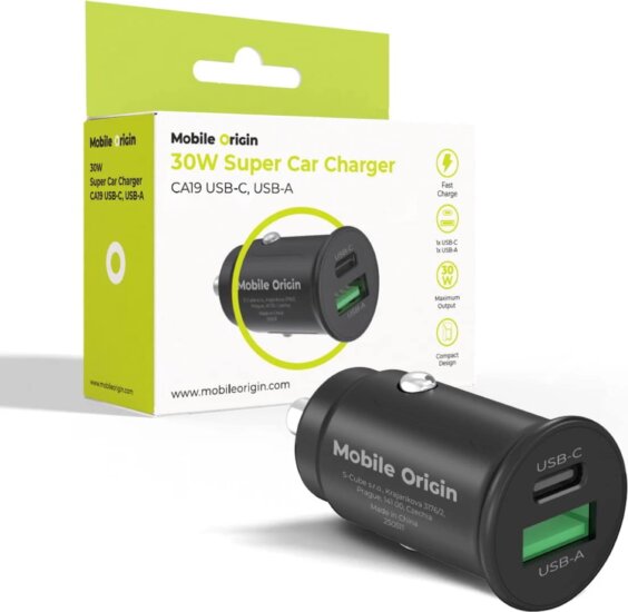 Mobile Origin CA19 USB-C + USB-A Autós Gyorstöltő 30W - Fekete
