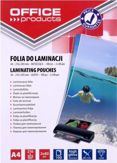 Office Product 2 x 80 mikron A4 fényes lamináló fólia (100 db / csomag)