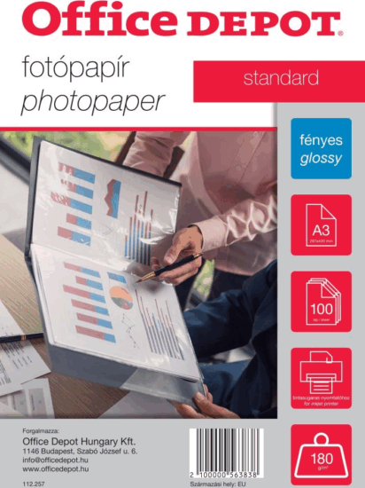 Office Depot Standard A3 Fényes fotópapír 180g - Fehér (100 db/csomag)