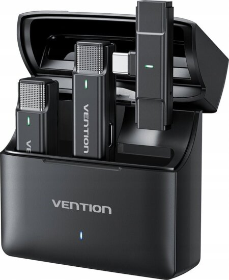 Vention NCAB0 Kétcsatornás Csiptetős Wireless USB-C Mikrofon Szett Töltőtokkal - Fekete