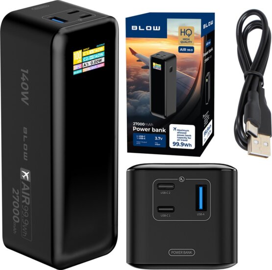 BLOW PD 140W AIR99.9 LCD Powerbank mellékelt kábellel USB-A + Type-C / 27000mAh 140W - Fekete BLOW PD 140W AIR99.9 LCD Powerbank mellékelt kábellel USB-A + Type-C / 27000mAh 140W - Fekete