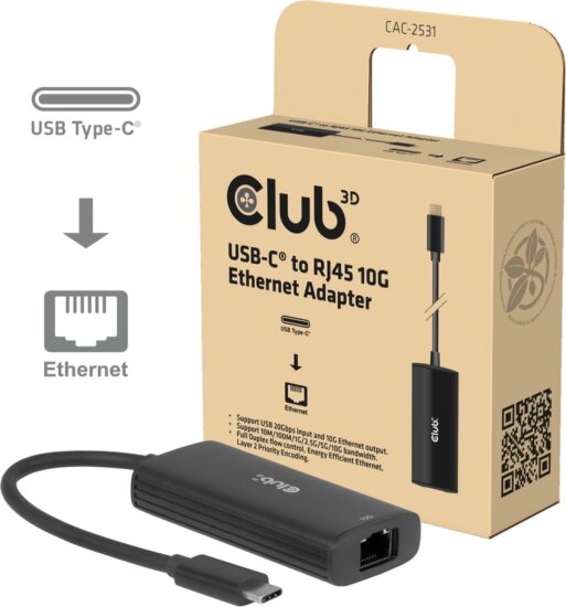 Club 3D CAC-2531 USB-C apa - RJ45 anya 10G Átalakító Adapter - Fekete