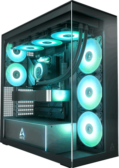 Arctic Xtender Clear Midi Torony Számítógépház + 2db 120mm ventilátor + 3db 140mm ventilátor - Fekete