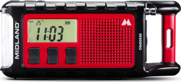 Midland ER 300 Pro Crank Akkus Vészhelyzeti Zsebrádió - Fekete / Piros