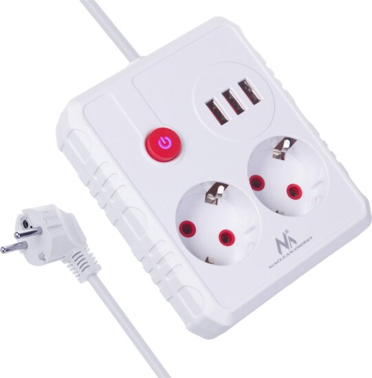 Maclean MCE387 W 3x USB-A Hálózati Elosztó 2 aljzatos 1.5m - Fehér