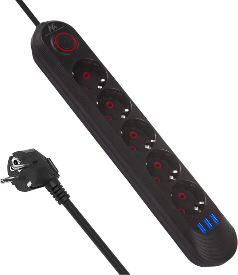 Maclean MCE395 B 3x USB-A Hálózati Elosztó 5 aljzatos 1.5m - Fekete