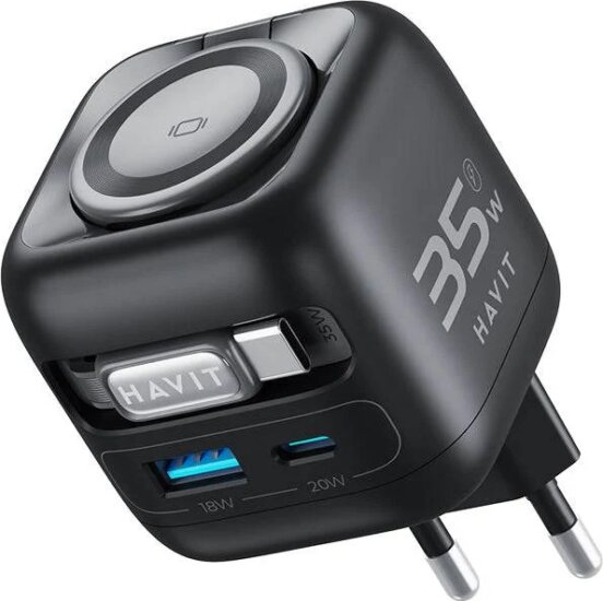 Havit UC250 A-EU GaN Utazó Hálózati Adapter kihúzható USB-C kábellel 0.7m 35W - Fekete Havit UC250 A-EU GaN Utazó Hálózati Adapter kihúzható USB-C kábellel 0.7m 35W - Fekete
