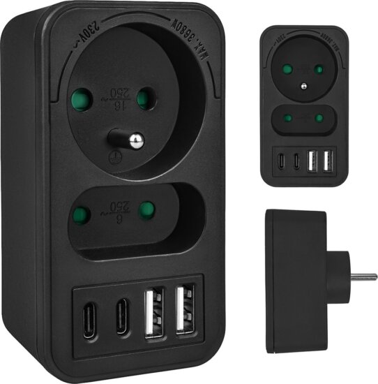 Maclean MCE249 F/B 2x USB-A + 2x USB-C Hálózati Elosztó 2 aljzatos - Fekete