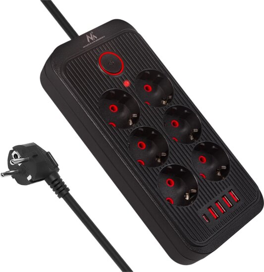Maclean MCE389 B 4x USB-A / 1x USB-C Hálózati Elosztó 6 aljzatos 1.5m - Fekete/Piros