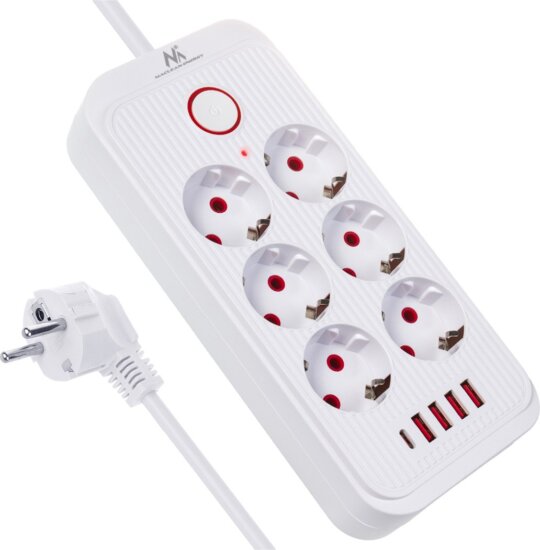 Maclean MCE389 W 4x USB-A / 1x USB-C Hálózati Elosztó 6 aljzatos 1.5m - Fehér