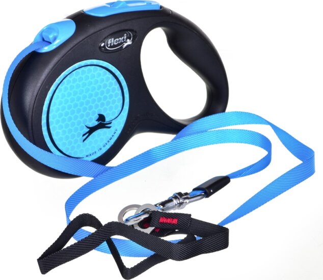 Flexi New Neon M/5m Szalagos Automata kutya póráz - Kék/Fekete