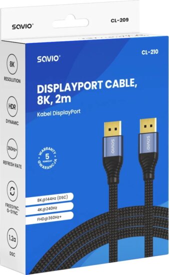 Savio CL-210 DisplayPort 2.1 apa - DisplayPort 2.1 8K apa Kábel 2m - Fekete