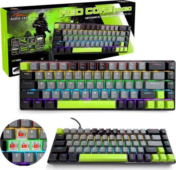 Media-Tech MT1260 MX60 60% Mechanikus Vezetékes Gaming Billentyűzet ENG - Fekete/Szürke/Zöld Media-Tech MT1260 MX60 60% Mechanikus Vezetékes Gaming Billentyűzet ENG - Fekete/Szürke/Zöld