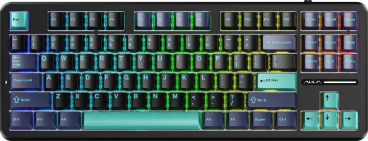 AULA F87 Pro GrayWood V4 RGB Gasket Tri-Mode Mechanikus Wireless Gaming Billentyűzet US - Fekete/Ciánkék