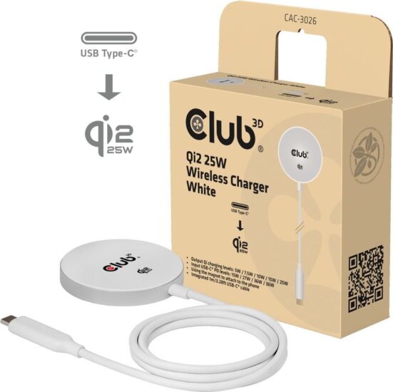 Club 3D CAC-3026 Qi2 Wireless Mágneses Töltő 25W + USB-C Kábel 1m - Fehér