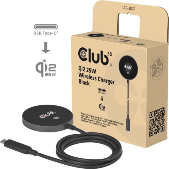 Club 3D CAC-3026 Qi2 Wireless Mágneses Töltő 25W + USB-C Kábel 1m - Fekete