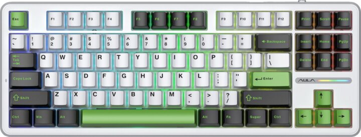 AULA F87 GrayWood V3 RGB Gasket Tri-Mode Mechanikus Wireless Gaming Billentyűzet US - Fekete/Fehér/Zöld