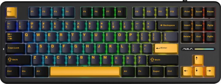 AULA F87 GrayWood RGB Gasket Tri-Mode Mechanikus Wireless Gaming Billentyűzet US - Fekete/Narancssárga