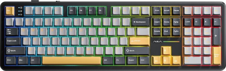 AULA F108 Volcano RGB Switch RGB Gasket Tri-Mode Mechanikus Wireless Gaming Billentyűzet US - Szürke/Narancssárga/Sötétszürke