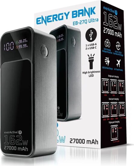 EverActive EB-27Q Powerbank 27000mAh 162,5W LCD Kijelzővel - Fekete EverActive EB-27Q Powerbank 27000mAh 162,5W LCD Kijelzővel - Fekete
