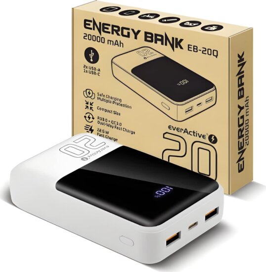 EverActive EB-20Q Powerbank 20000mAh 22,5W LCD Kijelzővel - Fehér