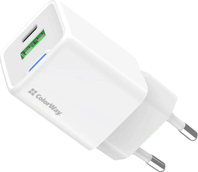 Colorway CW-CHS062PD-WT GaN Mini USB-C / USB-A Hálózati Töltő Adapter 20W - Fehér