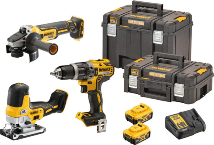 DeWalt DCK329P2T Akkus Ütvefúró-csavarozó + Sarokcsiszoló + Dekopír fűrész + 2x 18V Akku + Koffer
