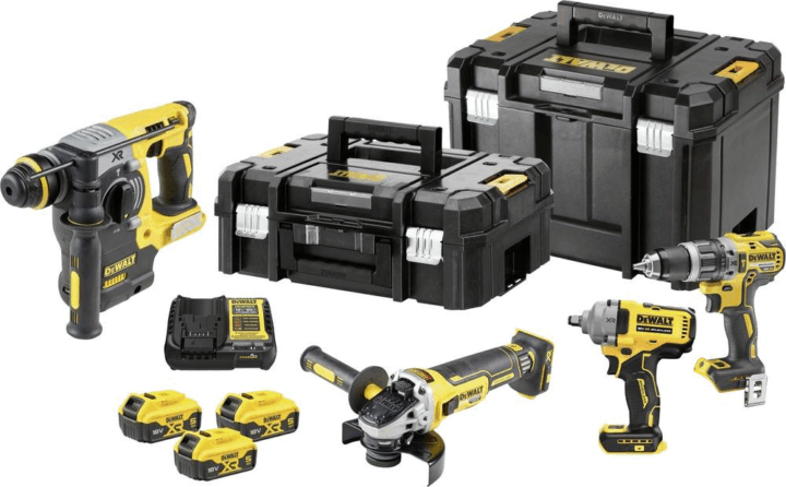 DeWalt DCK428P3T Akkus Fúró-Vésőkalapács + Ütvefúró + Sarokcsiszoló + Ütvecsavarozó + 3x 18V Akku + Koffer