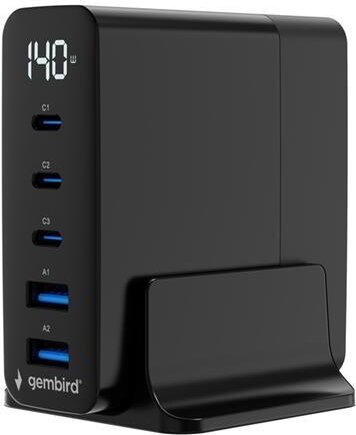 Gembird TA-UC-2A3C-PD140-01-BK 2x USB-A / 3x USB-C GaN Hálózati Gyorstöltő Adapter Tápkábellel 140W - Fekete Gembird TA-UC-2A3C-PD140-01-BK 2x USB-A / 3x USB-C GaN Hálózati Gyorstöltő Adapter Tápkábellel 140W - Fekete