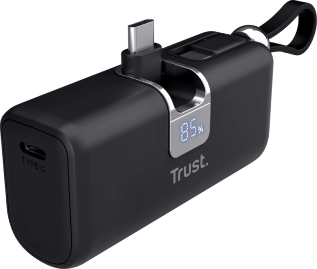 Trust 26104 Pacto Powerbank integrált USB-C kábellel / 5000mAh 20W - Fekete