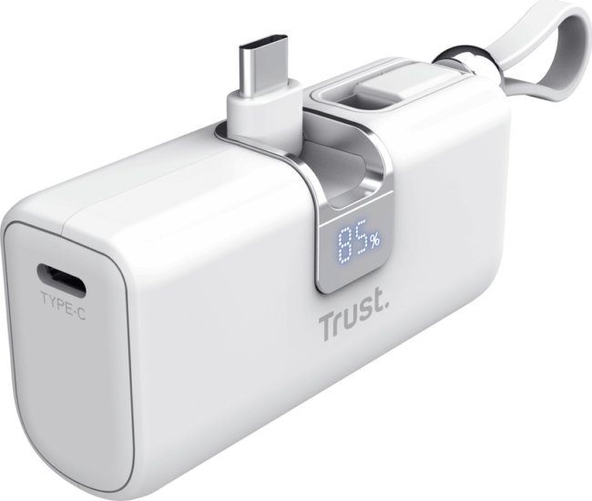 Trust 26105 Pacto Powerbank integrált USB-C kábellel / 5000mAh 20W - Fehér