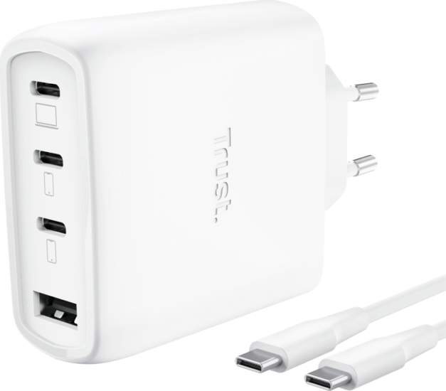 Trust 26068 Maxo USB-A / 3x USB-C GaN Hálózati Gyorstöltő Adapter 65W + USB-C Kábel 2m - Fehér