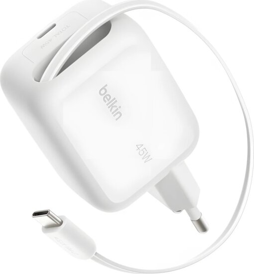 Belkin BOOST Charge Pro USB-C Dual GaN Hálózati Gyorstöltő Adapter 45W beépített USB-C Kábellel 0.8m - Fehér