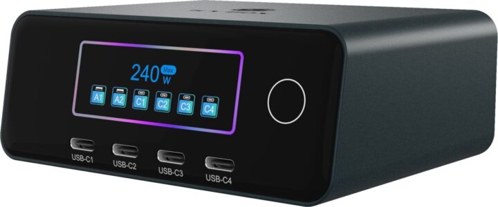 ICY BOX 61222 Diamond Charge 2401 2x USB-A / 4x USB-C Töltőállomás LCD Kijelzővel 240W - Fekete