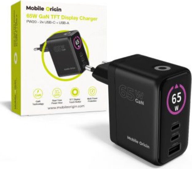 Mobile Origin 2x USB-C / USB-A GaN Hálózati Gyorstöltő Adapter 65W beépített USB-C Kábellel 0.75m - Fekete