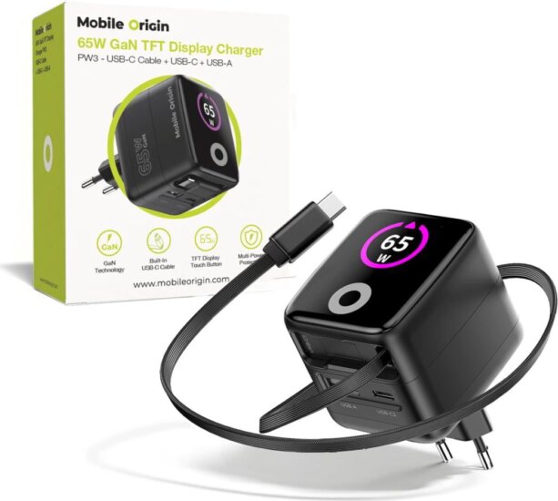 Mobile Origin USB-A / USB-C GaN Hálózati Gyorstöltő Adapter 65W Beépített USB-C Kábellel 0.65m - Fekete