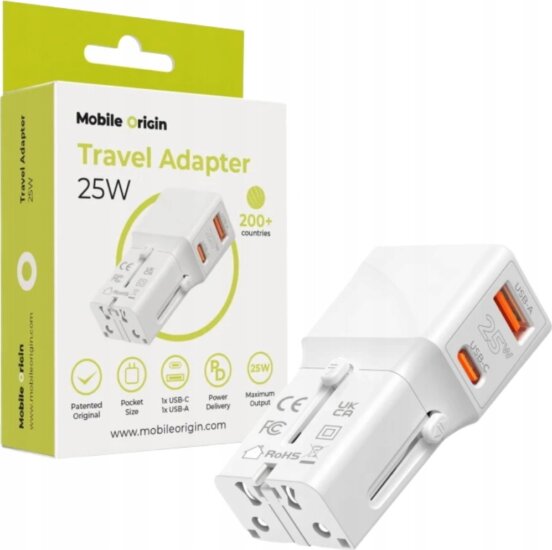 Mobile Origin TAD25-2P-WHT EU / US / UK / AU Utazó Hálózati Töltő Adapter 25W - Fehér
