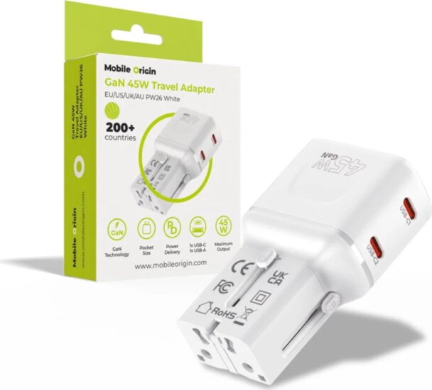 Mobile Origin PW26 EU / US / UK / AU Utazó Hálózati Gyorstöltő Adapter 45W - Fehér