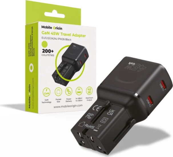 Mobile Origin PW26 EU / US / UK / AU Utazó Hálózati Gyorstöltő Adapter 45W - Fekete