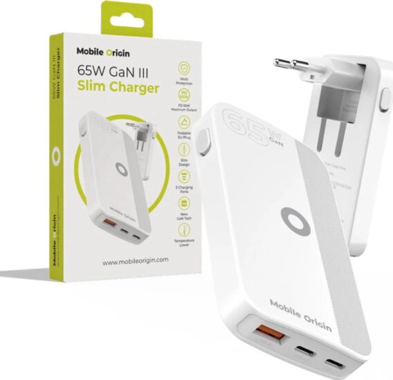 Mobile Origin GAN-65W-SLM-WHT USB-A / 2x USB-C GaN Hálózati Gyorstöltő Adapter 65W - Fehér