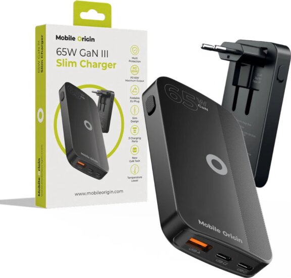 Mobile Origin GAN-65W-SLM-BLK USB-A / 2x USB-C GaN Hálózati Gyorstöltő Adapter 65W - Fehér