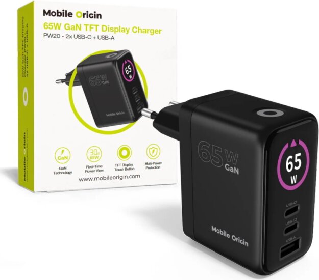 Mobile Origin PW20 USB-A / 2x USB-C GaN Hálózati Gyorstöltő Adapter 65W - Fekete