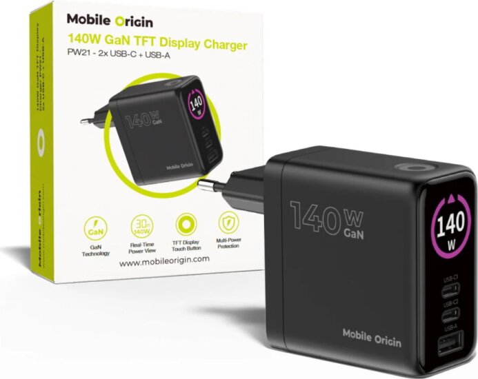 Mobile Origin PW21 USB-A / 2x USB-C GaN Hálózati Gyorstöltő Adapter 140W - Fekete