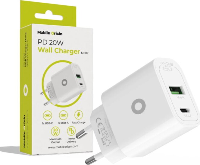 Mobile Origin MO12 USB-A / USB-C Hálózati Töltő Adapter 20W - Fehér