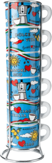 Bialetti Ciao Italia 75ml Porcelán Kávés csésze szett állvánnyal 6 darab - Mintás